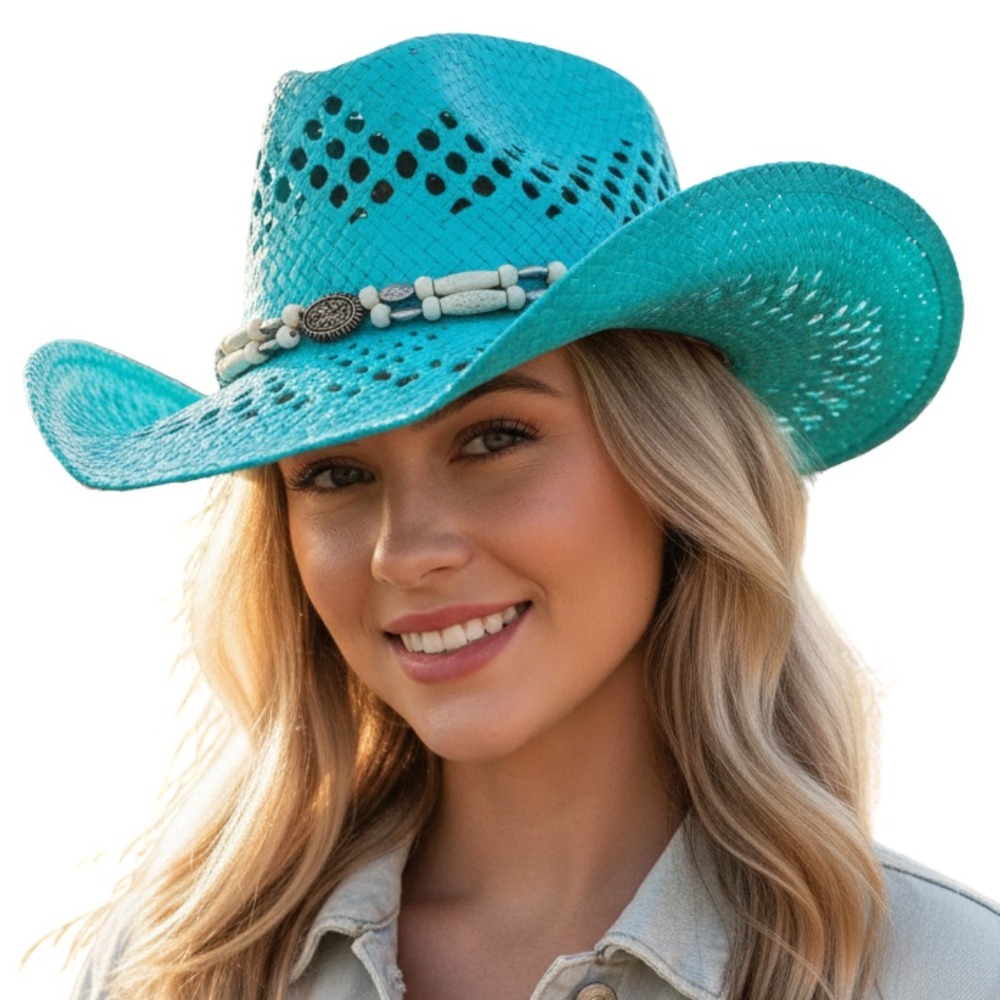 Turquoise Straw Cowboy Hat with Beaded Band Western Cowgirl NWT